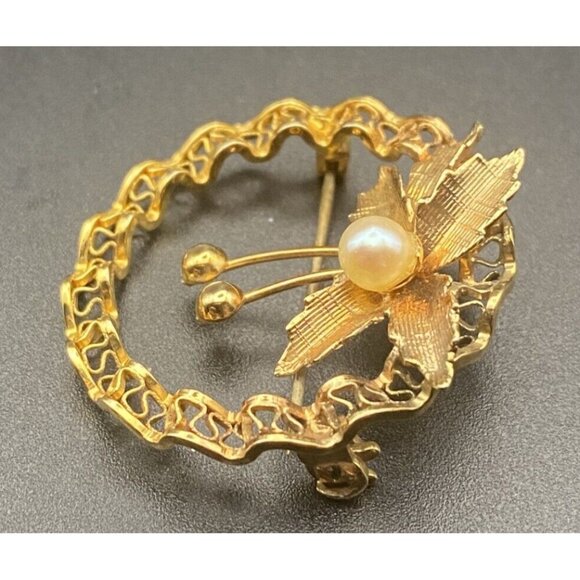 Classic Vintage  Brooch Pin 1/20 12K Gold Filled Round Faux Pearl 1.25"Retro - Picture 3 of 8